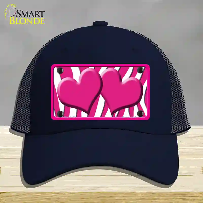 Hot Pink White Zebra Hot Pink Centered Hearts Novelty License Plate Hat Mesh / Navy