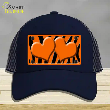 Orange Black Zebra Orange Centered Hearts Novelty License Plate Hat Mesh / Navy