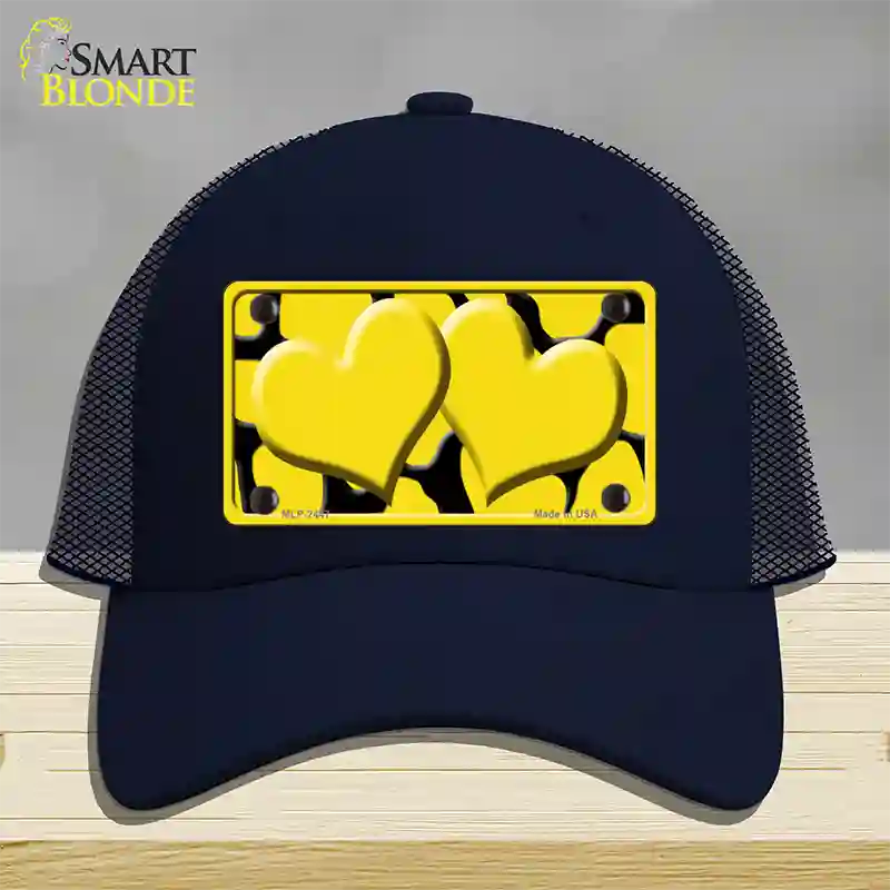 Yellow Black Giraffe Yellow Centered Hearts Novelty License Plate Hat Mesh / Navy