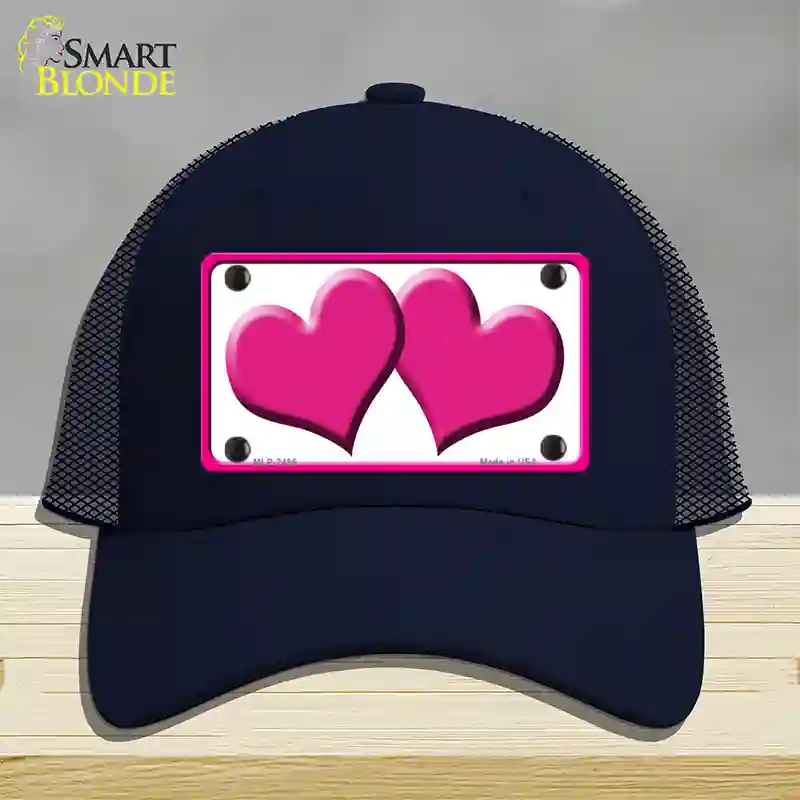 Solid Pink Centered Hearts White Novelty License Plate Hat Mesh / Navy