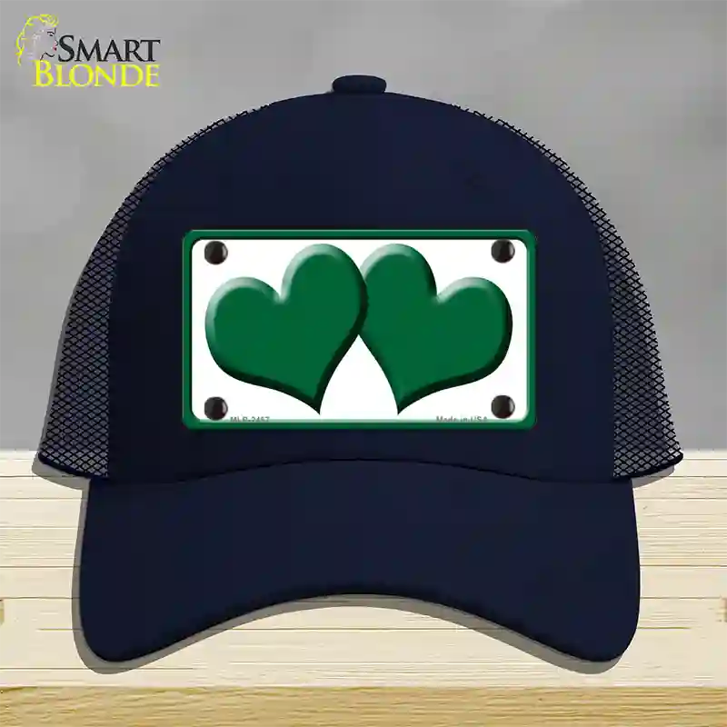 Solid Green Centered Hearts White Novelty License Plate Hat Mesh / Navy