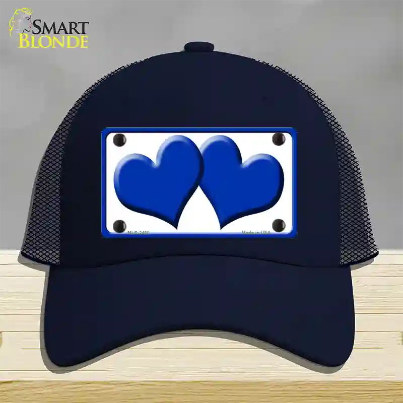 Solid Blue Centered Hearts White Novelty License Plate Hat Mesh / Navy