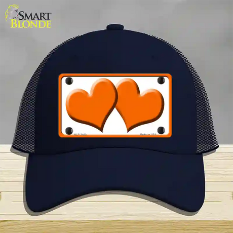 Solid Orange Centered Hearts White Novelty License Plate Hat Mesh / Navy