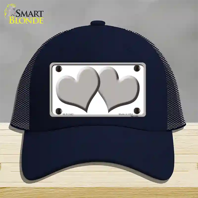 Solid Grey Centered Hearts White Novelty License Plate Hat Mesh / Navy