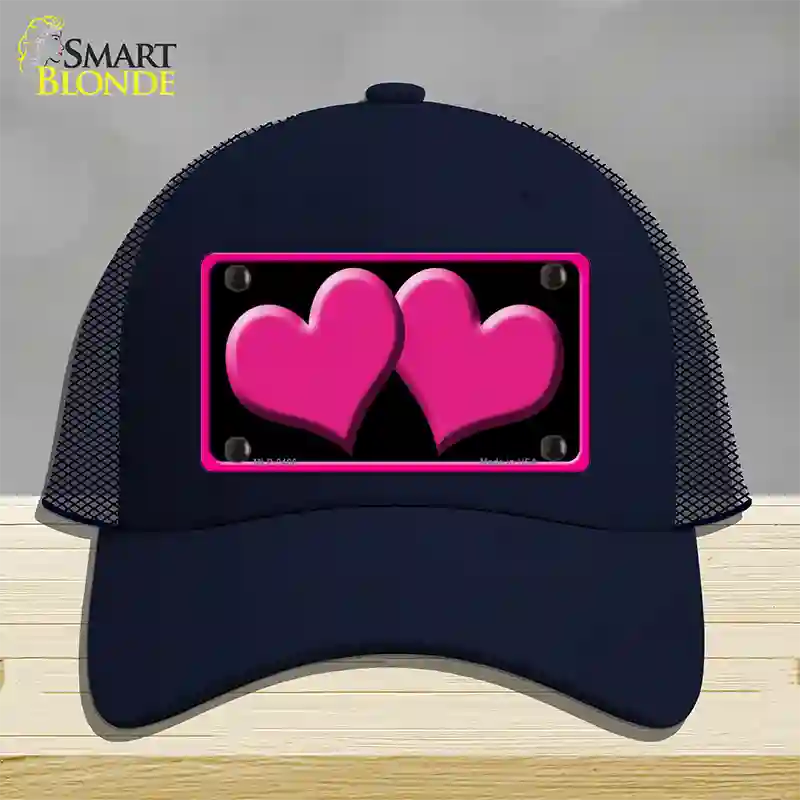 Solid Pink Centered Hearts Black Novelty License Plate Hat Mesh / Navy