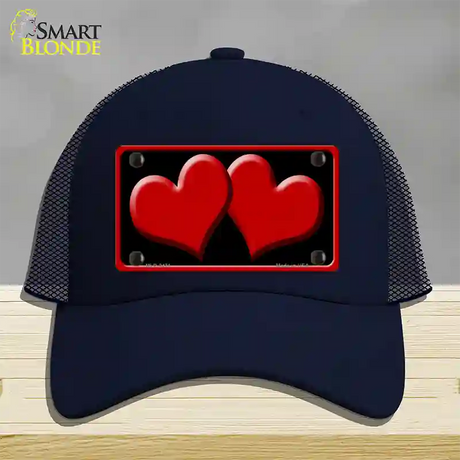 Solid Red Centered Hearts Black Novelty License Plate Hat Mesh / Navy