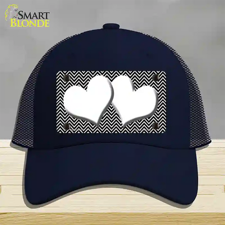 Black White Chevron White Center Hearts Novelty License Plate Hat Mesh / Navy