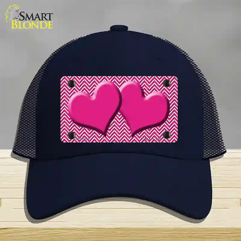 Pink White Chevron Pink Center Hearts Novelty License Plate Hat Mesh / Navy