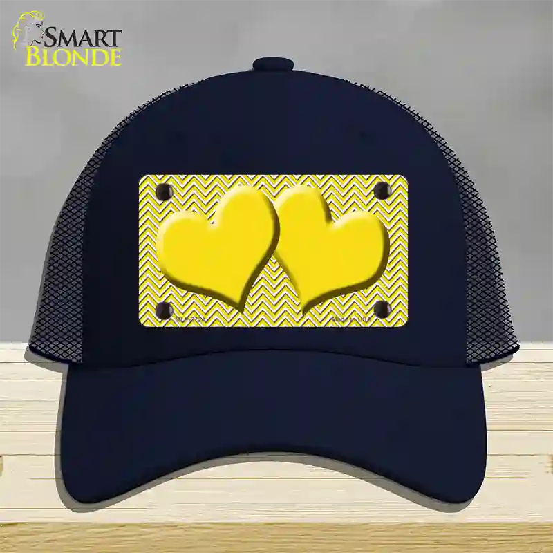 Yellow White Chevron Yellow Center Hearts Novelty License Plate Hat Mesh / Navy