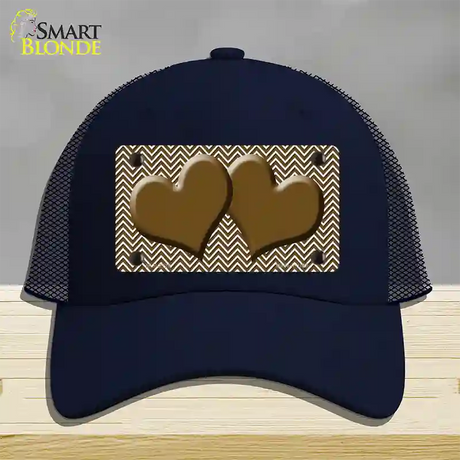 Brown White Chevron Brown Center Hearts Novelty License Plate Hat Mesh / Navy