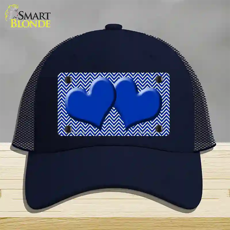 Blue White Chevron Blue Center Hearts Novelty License Plate Hat Mesh / Navy