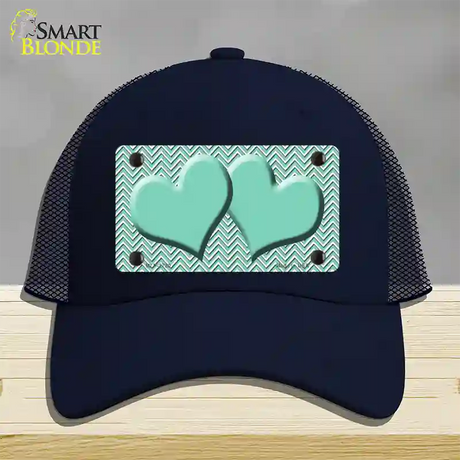 Mint White Chevron Mint Center Hearts Novelty License Plate Hat Mesh / Navy