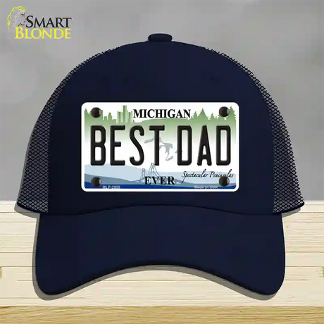 Best Dad Michigan State Novelty License Plate Hat Mesh / Navy