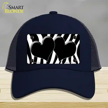 Black White Zebra Black Centered Hearts Novelty License Plate Hat Mesh / Navy