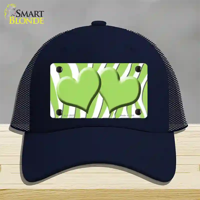 Lime Green White Zebra Lime Green Centered Hearts Novelty License Plate Hat Mesh / Navy