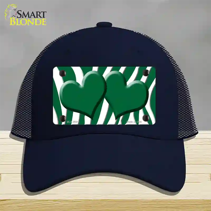 Green White Zebra Green Centered Hearts Novelty License Plate Hat Mesh / Navy