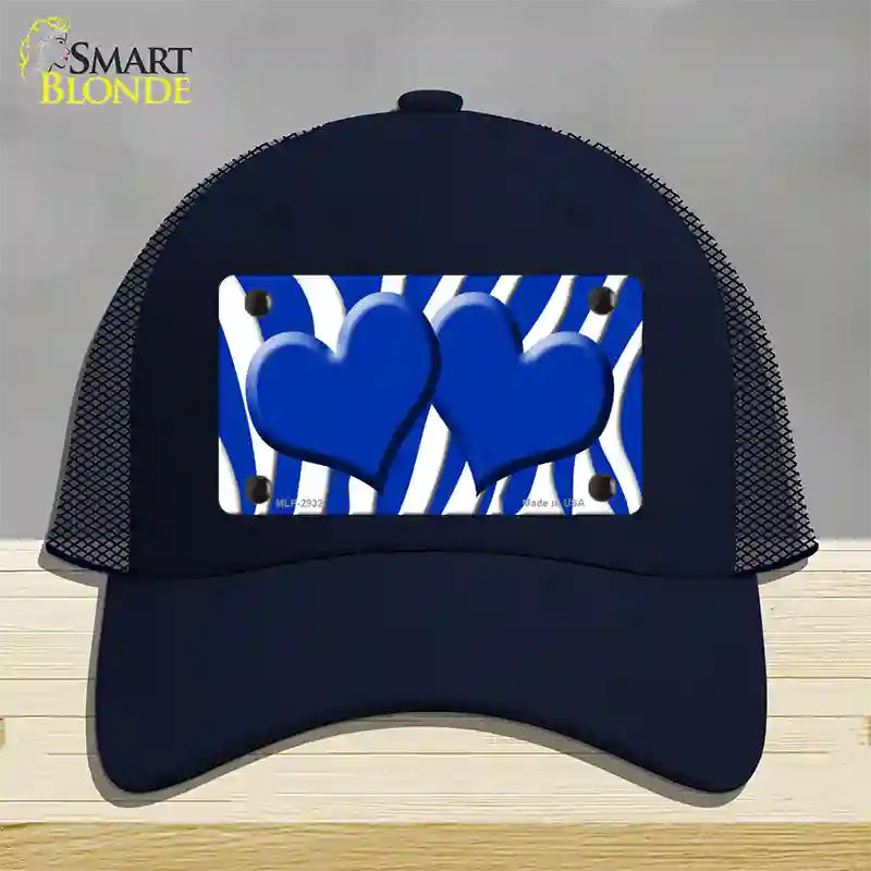 Blue White Zebra Blue Centered Hearts Novelty License Plate Hat Mesh / Navy