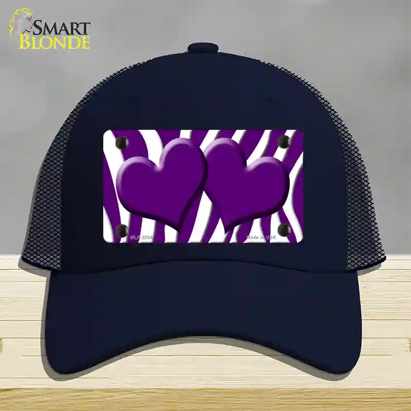 Purple White Zebra Purple Centered Hearts Novelty License Plate Hat Mesh / Navy