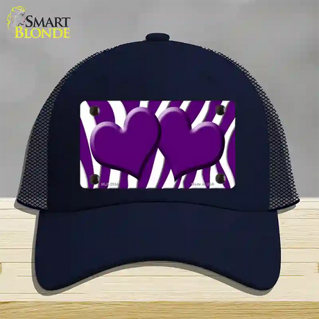 Purple White Zebra Purple Centered Hearts Novelty License Plate Hat Mesh / Navy