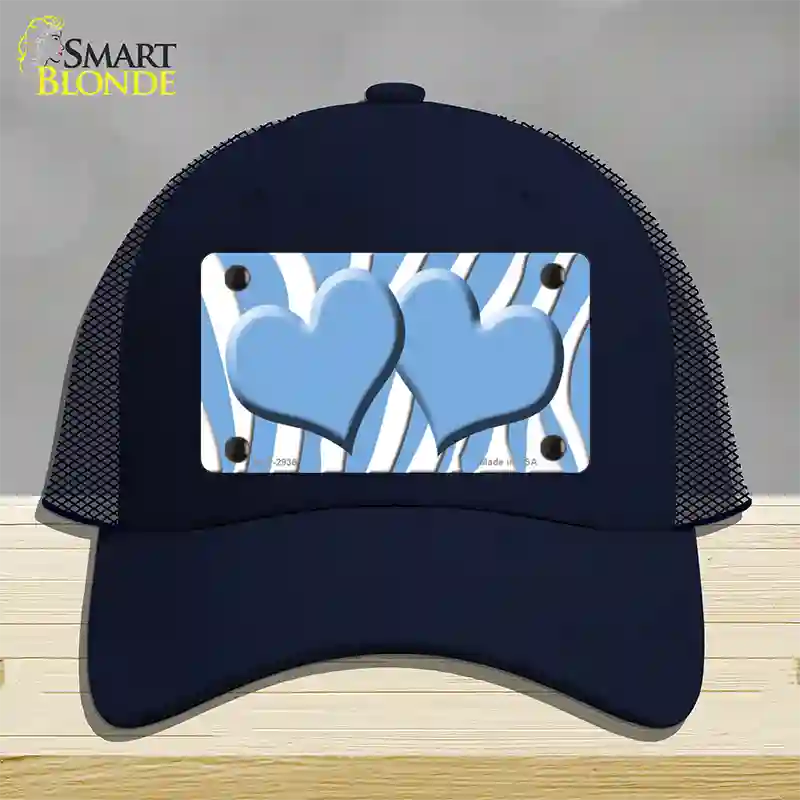 Light Blue White Zebra Light Blue Centered Hearts Novelty License Plate Hat Mesh / Navy