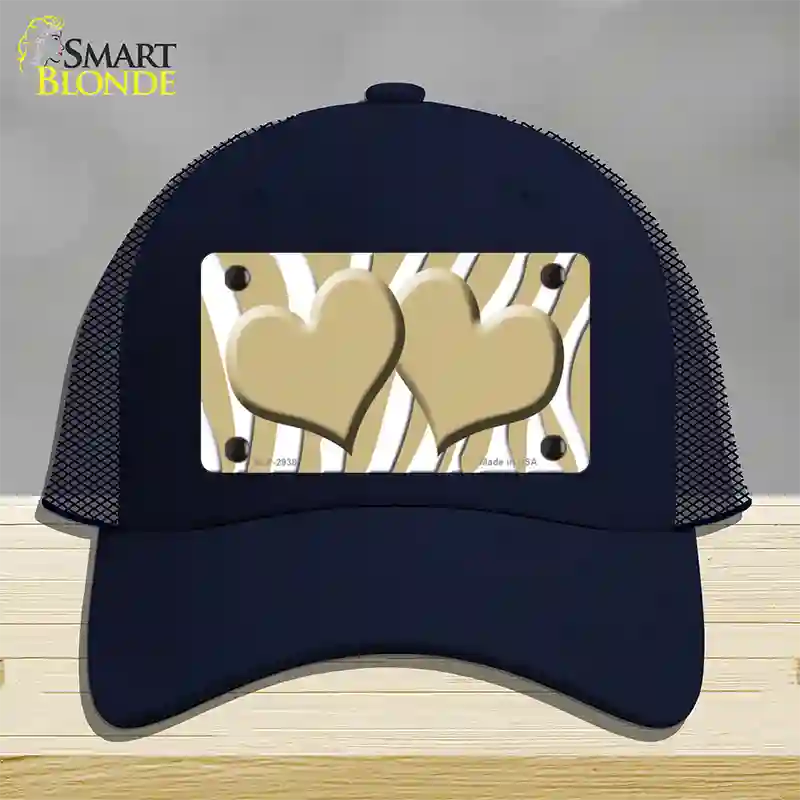 Gold White Zebra Gold Centered Hearts Novelty License Plate Hat Mesh / Navy