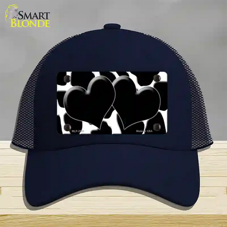 Black White Giraffe Black Centered Hearts Novelty License Plate Hat Mesh / Navy