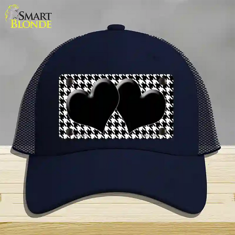 White Black Houndstooth Black Center Hearts Novelty License Plate Hat Mesh / Navy