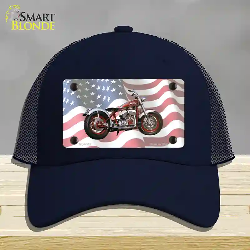 Indian Motorcycle American Flag Novelty License Plate Hat Mesh / Navy