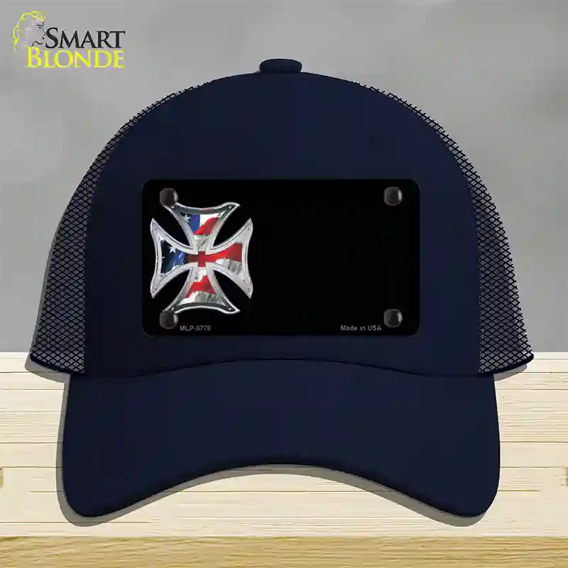 American Flag Maltese Cross Offset Novelty License Plate Hat Mesh / Navy