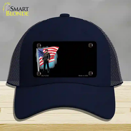 Police Officer American Flag Offset Novelty License Plate Hat Mesh / Navy