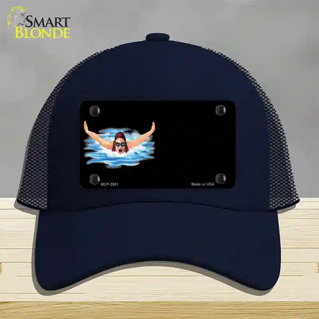 Female Swimmer Offset Novelty License Plate Hat Mesh / Navy