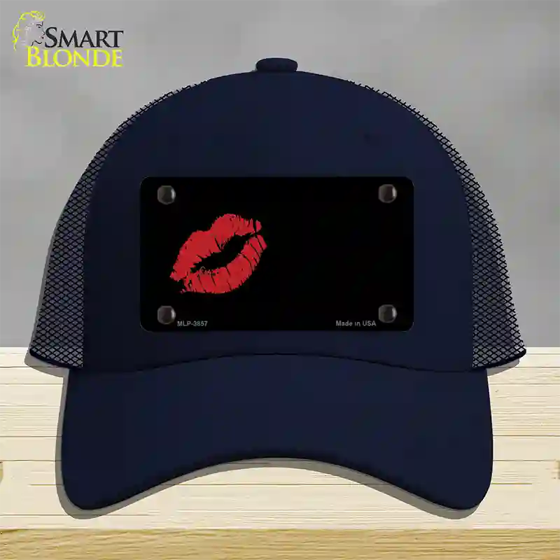 Red Lips Offset Novelty License Plate Hat Mesh / Navy