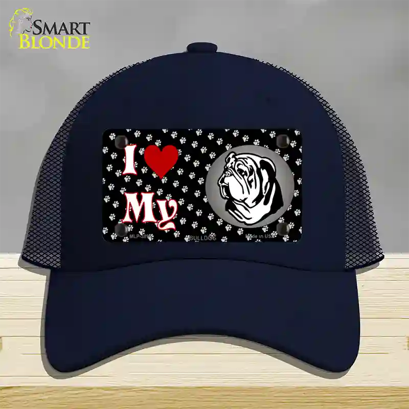 I Love My Bulldog Novelty License Plate Hat Mesh / Navy