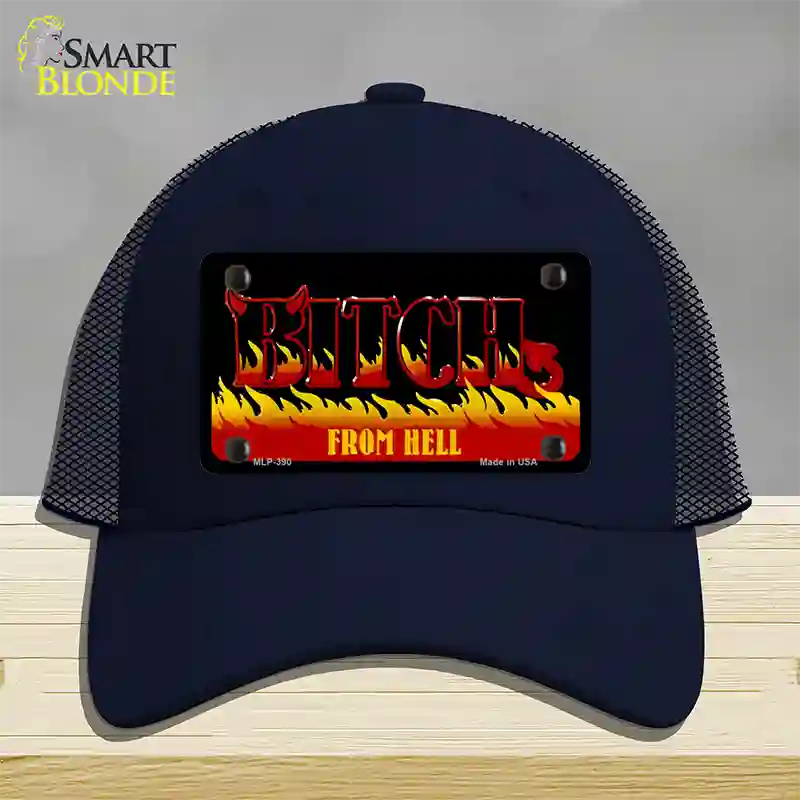 Bitch From Hell Flames Novelty License Plate Hat Mesh / Navy