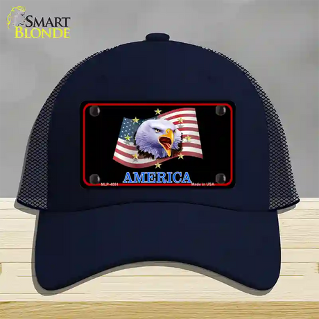 Waving Flag Bald Eagle Black Novelty License Plate Hat Mesh / Navy