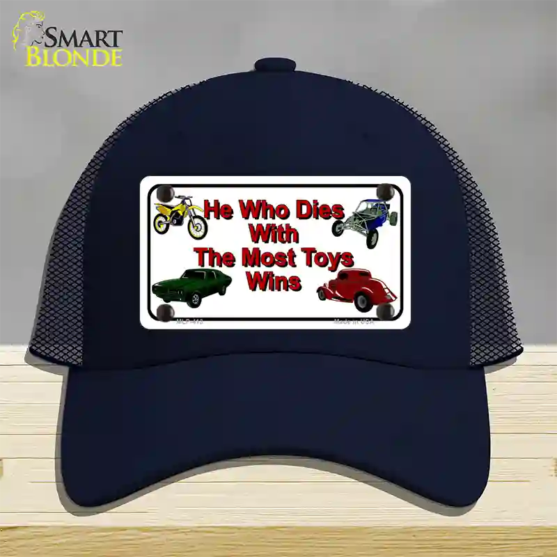 He With The Most Toys Wins Novelty License Plate Hat Mesh / Navy