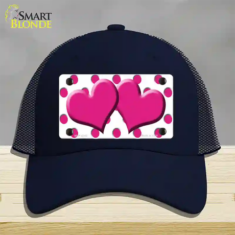 Hot Pink White Polka Dot Hot Pink Centered Hearts Novelty License Plate Hat Mesh / Navy