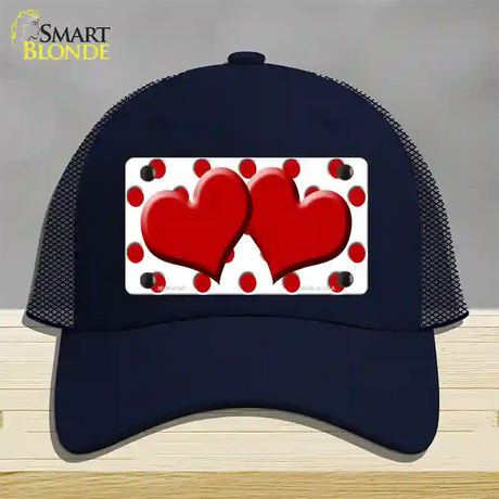 Red White Polka Dot Red Centered Hearts Novelty License Plate Hat Mesh / Navy