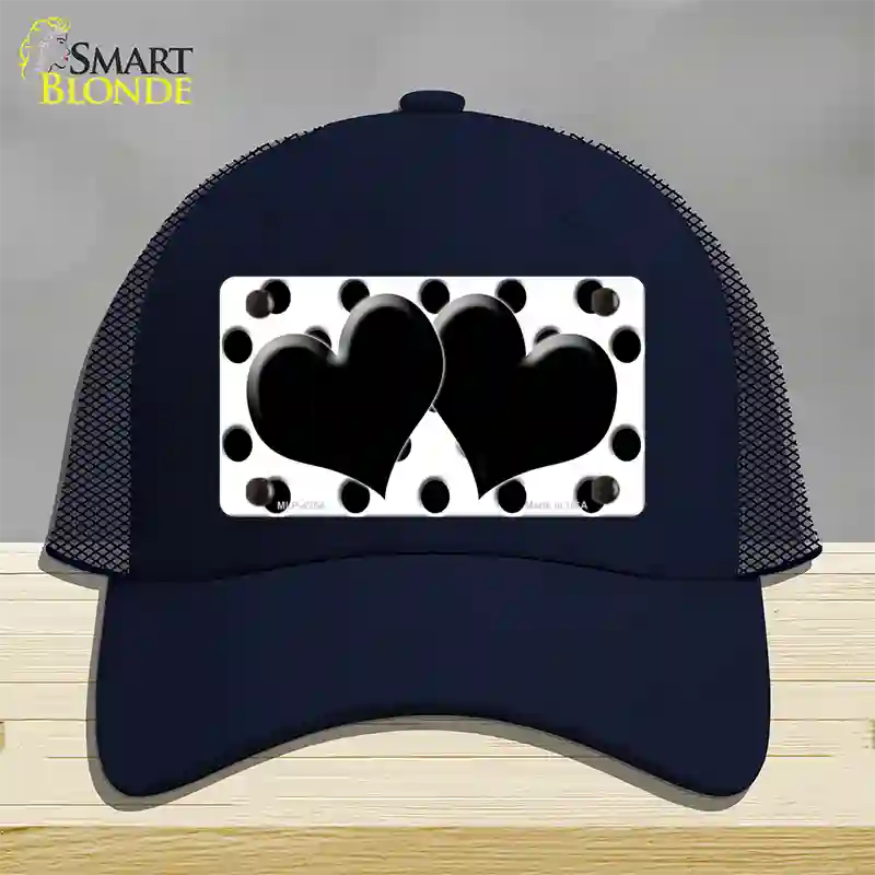 Black White Polka Dot Black Centered Hearts Novelty License Plate Hat Mesh / Navy