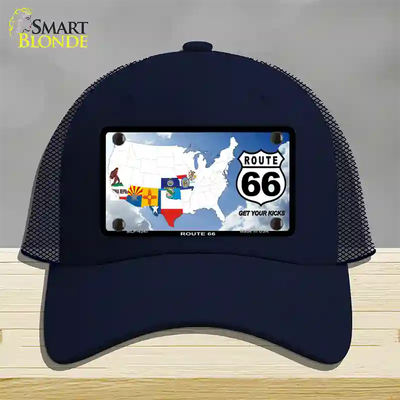 Route 66 8 Flags Clouds Novelty License Plate Hat Mesh / Navy