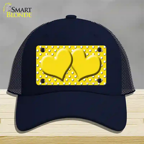 Yellow White Polka Dot Center Hearts Novelty License Plate Hat Mesh / Navy