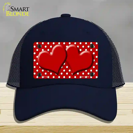 Red White Polka Dot Center Hearts Novelty License Plate Hat Mesh / Navy
