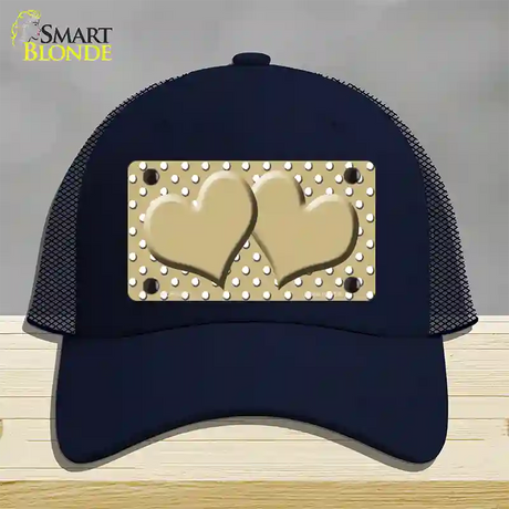 Gold White Polka Dot Center Hearts Novelty License Plate Hat Mesh / Navy
