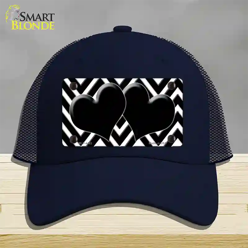 Black White Large Chevron Black Center Hearts Novelty License Plate Hat Mesh / Navy