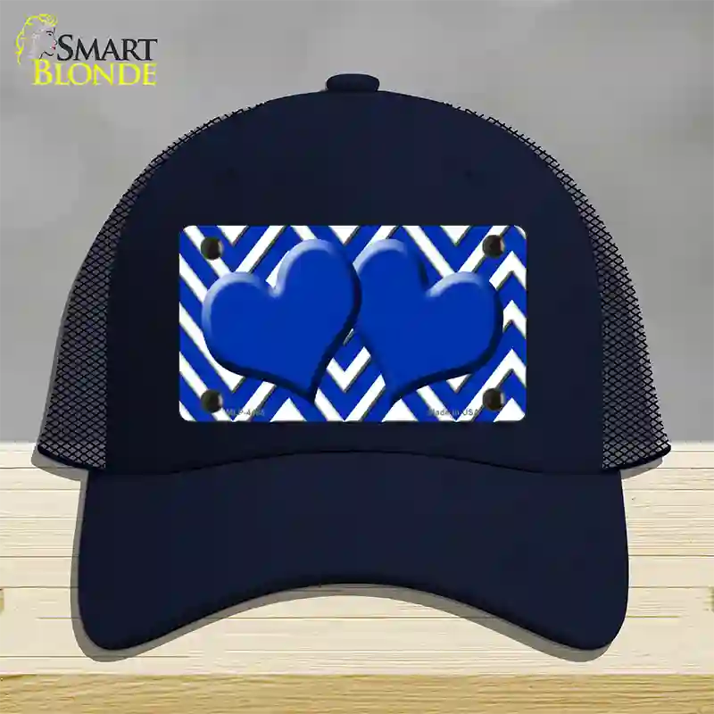 Blue White Large Chevron Blue Center Hearts Novelty License Plate Hat Mesh / Navy