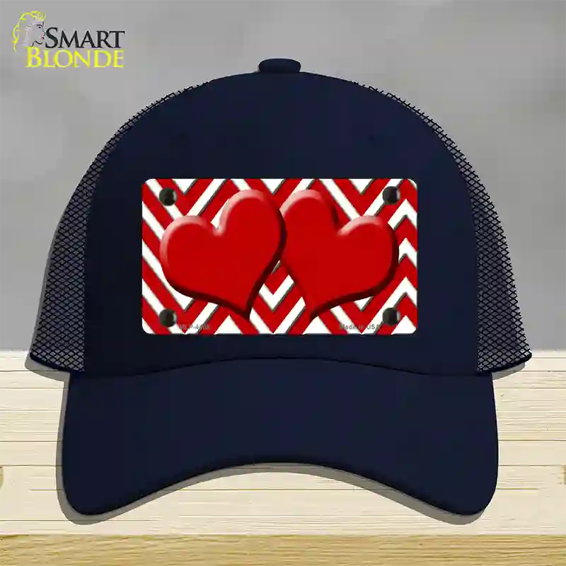 Red White Large Chevron Red Center Hearts Novelty License Plate Hat Mesh / Navy