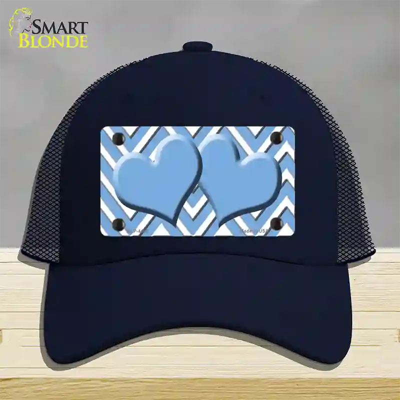 Light Blue White Large Chevron Light Blue Center Hearts Novelty License Plate Hat Mesh / Navy