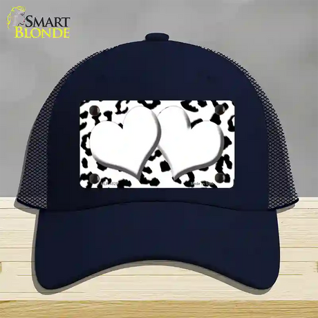 White Black Cheetah White Center Hearts Novelty License Plate Hat Mesh / Navy