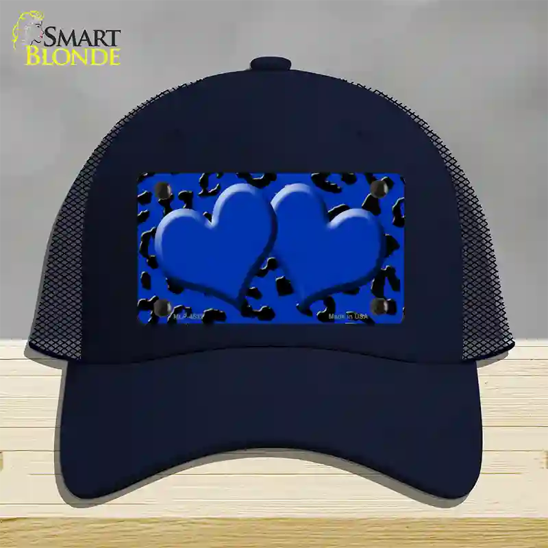 Blue Black Cheetah Blue Center Hearts Novelty License Plate Hat Mesh / Navy