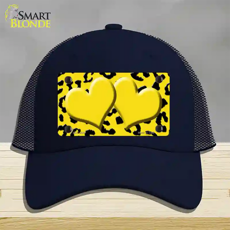 Yellow Black Cheetah Yellow Center Hearts Novelty License Plate Hat Mesh / Navy